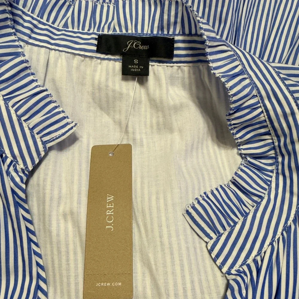 J.Crew Blue White Striped Tiered Mini Dress Long Sleeve Ruffle Neck NWT Small